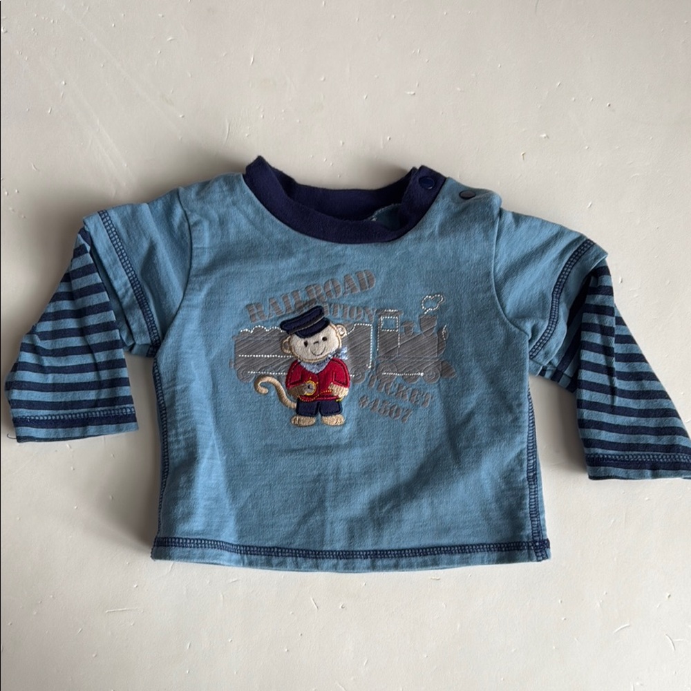 Vitamins Baby Blue Railroad & Bear Themed Shirt Vintage Boys 6 months